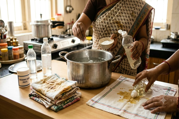 रसोई के जिद्दी चिकनाई वाले कपड़ों को बिना मेहनत नए जैसा चमकाने का मैजिक फॉर्मूला