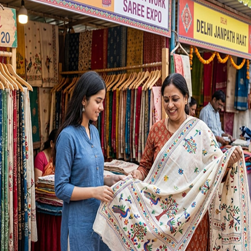 कागज से भी हल्की कला की अनमोल धरोहर दिल्ली में मची पारंपरिक कंथा वर्क साड़ियों की धूम